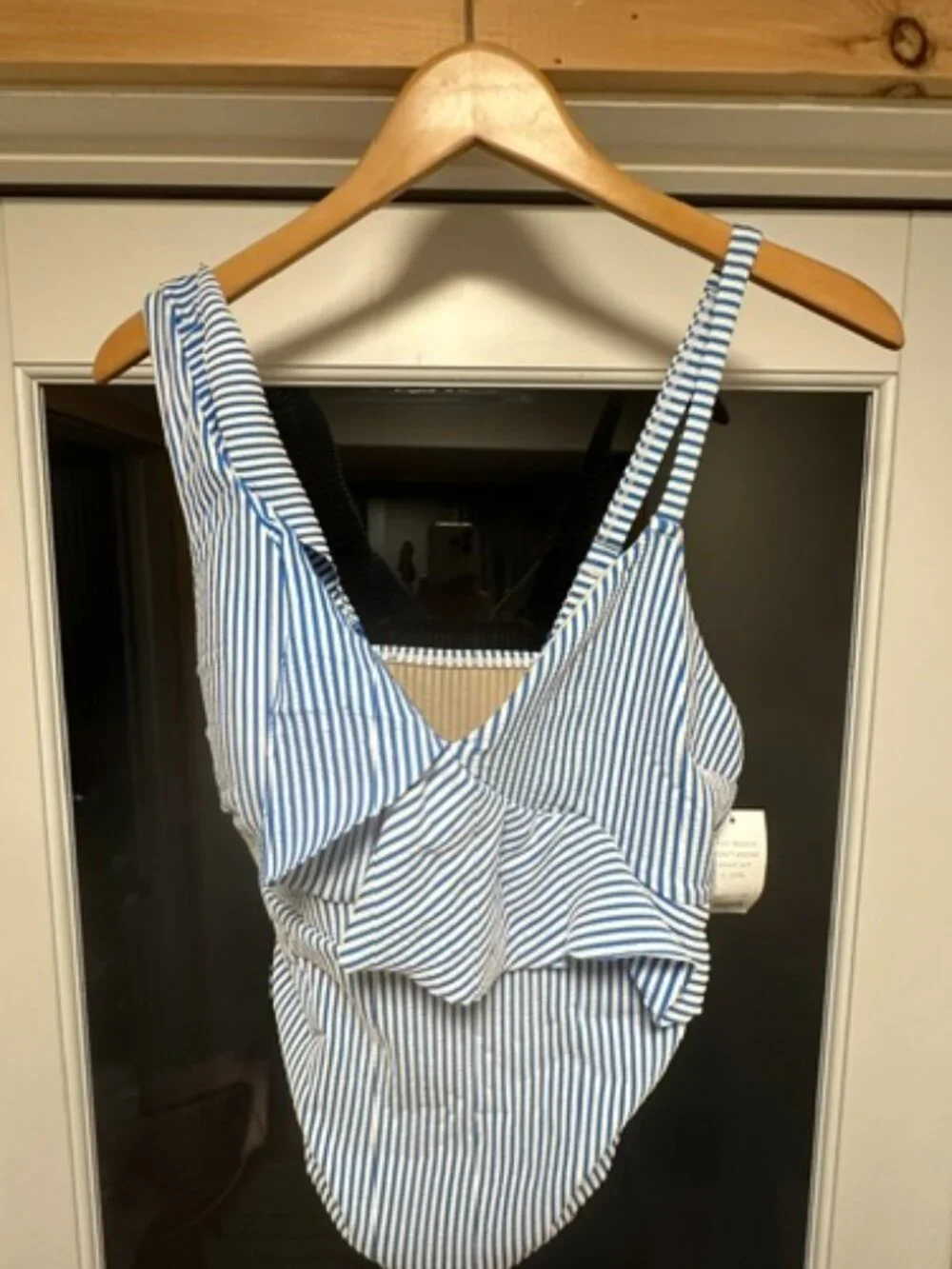 Cacique No Wire Ruffle Front One Piece Swimsuit in Blue & White Seesucker